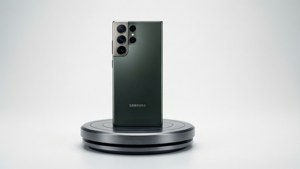 S24 Ultra trong một bức ảnh chụp sản phẩm tại studio trên bệ đỡ, nền trắng sạch sẽ.