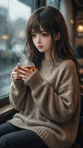 Cô gái anime ấm cúng với tách trà bên cửa sổ mưa.