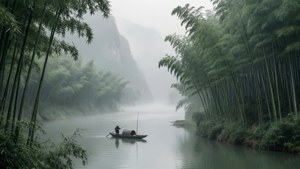 Dòng sông Trường Giang mờ ảo với tre và một ngư dân đơn độc — Tiếng Trung Hình nền