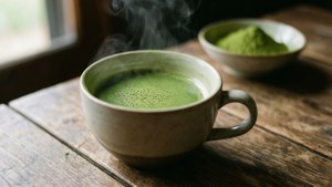 Tách trà xanh matcha trên bàn gỗ.