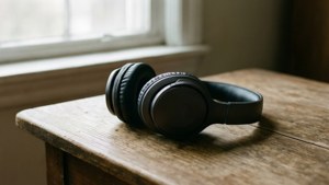 Khung cảnh yên bình với tai nghe trên bàn gỗ dưới ánh sáng dịu nhẹ. — Âm nhạc thẩm mỹ Hình nền