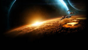 Hình nền không gian trò chơi chiến thuật Starcraft với cảnh tàu đáp xuống hành tinh.