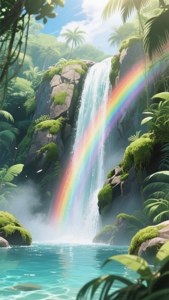 Một thác nước anime hùng vĩ với cầu vồng trong làn sương mù. — Anime phong cảnh GIF Hình nền