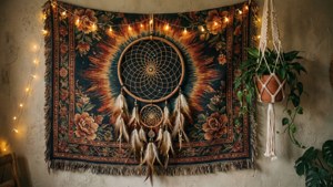 Thảm trang trí Bohemian với vòng bắt giấc mơ và đèn dây. — Indie phong cách thẩm mỹ GIF Hình nền