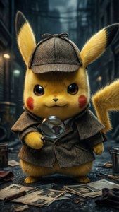 Pikachu trong vai thám tử điều tra một vụ án trong bối cảnh phim đen trắng (noir). — Pikachu Hình nền