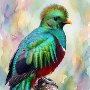 Chim quetzal phong cách màu nước với nền mờ trừu tượng, thanh lịch và nghệ thuật. — Pixel Watch 4 Hình nền