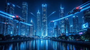 Cảnh quan thành phố tương lai ngập tràn ánh đèn neon xanh — Neon xanh Hình nền