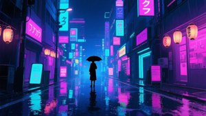 Khung cảnh thành phố anime rực rỡ về đêm với đèn neon và phản chiếu mưa. — Anime phong cảnh GIF Hình nền