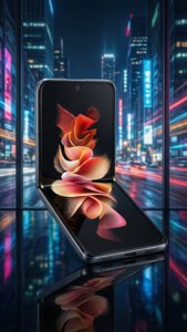 Chiếc Z Flip 5 mở ra trong một thành phố neon tương lai, pha trộn công nghệ với cuộc sống về đêm đô thị.