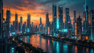 Một cảnh quan thành phố tương lai siêu rộng với phản chiếu neon