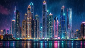Hình nền thành phố cyberpunk 1280x720, ánh đèn neon rực rỡ và mưa.