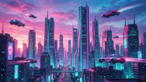 Đường chân trời thành phố tương lai lúc hoàng hôn với đèn neon hồng và xanh lơ. — Nghệ thuật thẩm mỹ Hình nền