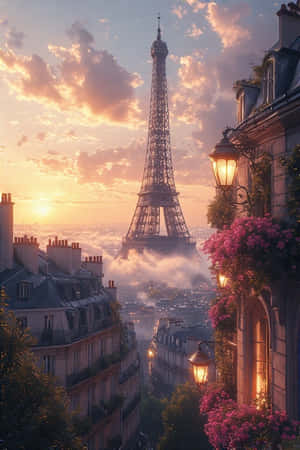 Pháp, Paris, Tháp Eiffel, bình minh, mái nhà, chậu hoa cửa sổ, đèn đường, lãng mạn, sương mù, thành phố, du lịch, 4K — 4K Hình nền