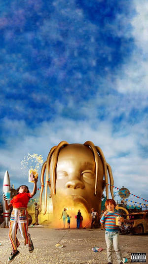 Hình nền Astroworld HD mát mẻ với công viên giải trí và đầu tượng của Travis Scott.