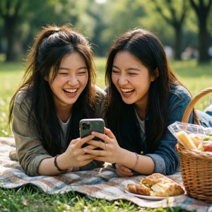 Bạn thân cười đùa khi xem điện thoại trong buổi dã ngoại, hình nền chân thực và vui vẻ. — Pixel Watch Hình nền