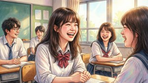 Rikako cười cùng bạn bè trong lớp học ngập nắng — Sóng biển Hình nền