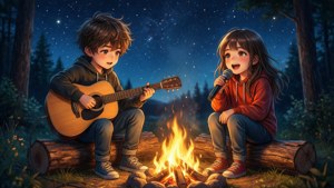 Những đứa trẻ anime hát và chơi guitar bên đống lửa trại dưới bầu trời đầy sao.