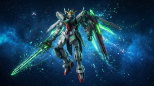 Gundam 00 Qan[T] trong tinh vân xanh, thanh bình và mạnh mẽ theo phong cách khoa học viễn tưởng.