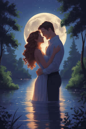 tình yêu, lãng mạn, cặp đôi, ánh trăng, ban đêm, trái tim, lễ tình nhân, nụ hôn, mơ mộng, dễ thương