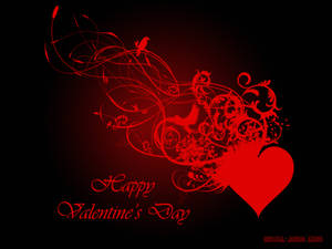 Trái tim đỏ tươi với thiết kế lá và chim bộ lạc ở một nửa, kèm dòng chữ "Happy Valentine's Day" màu đỏ ở phía dưới. — Đen Thật Hình nền