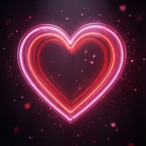 Một trái tim neon phát sáng lơ lửng trong không gian tối với các hạt nhỏ.