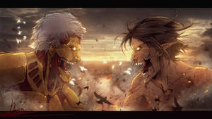 Titan Bọc Thép đối đầu Titan Tấn Công tại trận Shiganshina trong hình nền Attack On Titan.