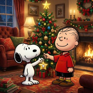 Snoopy và Charlie Brown cùng nhau trang trí cây thông Noel trong căn phòng ấm áp. — Tecno Phantom Hình nền