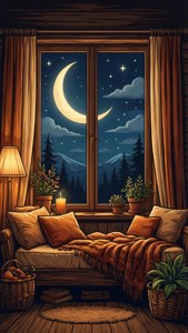 Hình nền SVG ấm cúng về vầng trăng lưỡi liềm nhìn qua cửa sổ, phong cách cottagecore. — Mặt trăng Hình nền