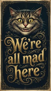Hình nền kiểu chữ với Mèo Cheshire và câu trích dẫn 'We're all mad here'. — 柴郡猫 Hình nền