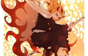 Hình nền Demon Slayer về Trụ Cột Lửa Kyojuro Rengoku tay cầm vành kiếm.