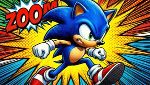 Sonic nhảy ra khỏi trang truyện tranh với hiệu ứng đậm nét.