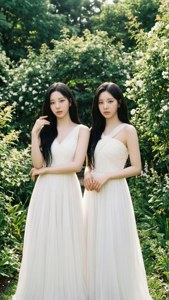 TWICE trong trang phục trắng giữa khu vườn xanh tươi với ánh nắng dịu nhẹ.