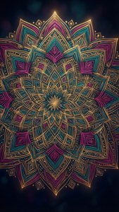 Họa tiết mandala tinh xảo với vàng và xanh ngọc, phát sáng trên nền tối, dành cho iPhone 11 Pro Max.