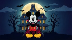 Chuột Mickey hóa thân thành ma cà rồng theo phong cách vector phẳng cùng biệt thự ma ám.