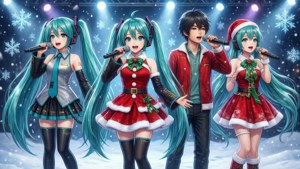 Các nhân vật Vocaloid biểu diễn hòa nhạc Giáng Sinh trên sân khấu tuyết rơi — Anime giáng sinh Hình nền