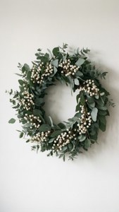 Một vòng nguyệt quế bạch đàn đơn giản trên tường trắng, phong cách Scandinavian. — Thẩm mỹ giáng sinh Hình nền