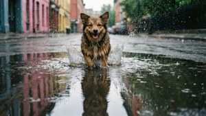 Vivo vẫy vùng trong vũng nước mưa với những phản chiếu.