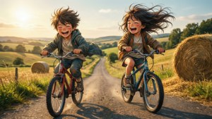 Trẻ em anime đạp xe xuống đồi ở vùng quê vào giờ vàng.