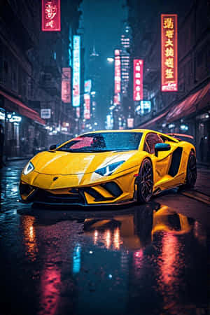 Lamborghini, vàng neon, ánh đèn thành phố, ban đêm, tương lai, đô thị, đường ướt, phản chiếu, phát sáng, 4K, hình nền chân dung,