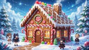 Ngôi nhà bánh gừng phong cách anime với kẹo và tuyết, phong cách kỳ ảo.